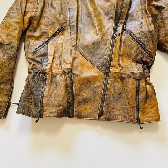 Vintage 100% Leather Tan Brown Moto Bomber Zipper Biker Distressed Pockets Mediu - Picture 4 of 13